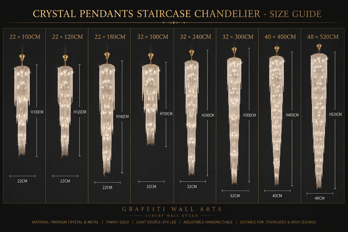 Crystal Pendants Staircase Chandelier – Luxury Multi-Tier LED, 8 Sizes up to D48×H520 cm