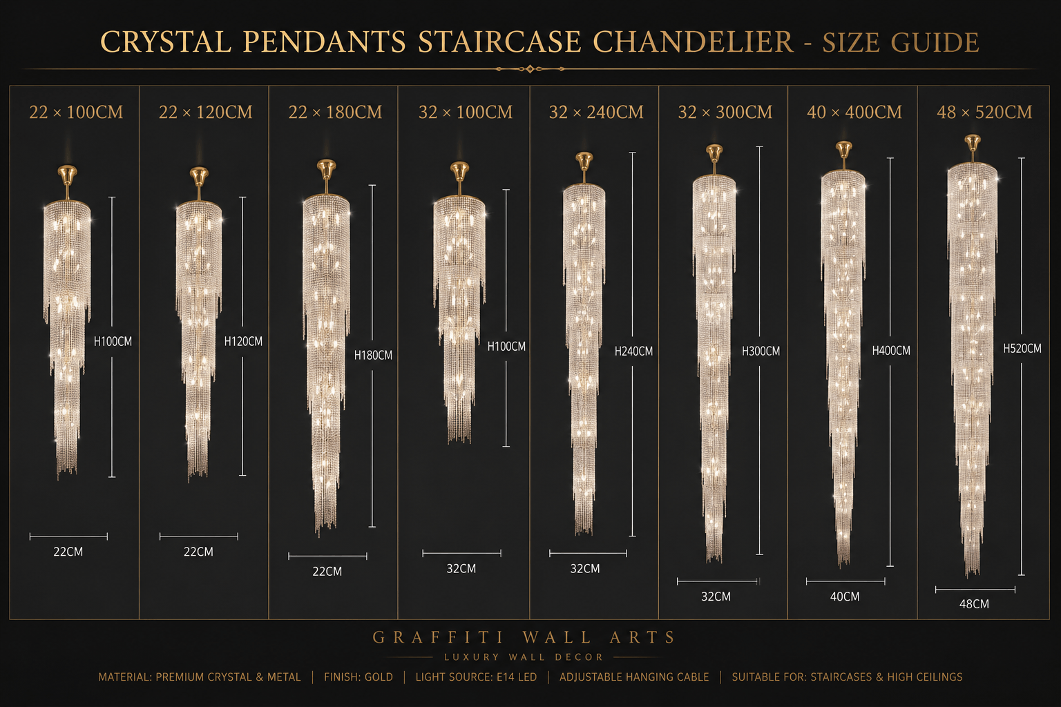 Crystal Pendants Staircase Chandelier – Luxury Multi-Tier LED, 8 Sizes up to D48×H520 cm