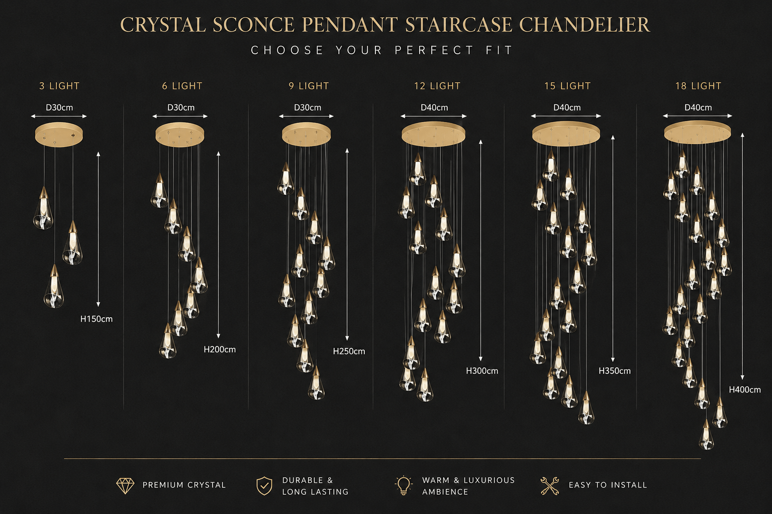 Crystal Sconce Pendant Staircase Chandelier – Luxury Crystal & Glass LED, 3 to 18 Heads