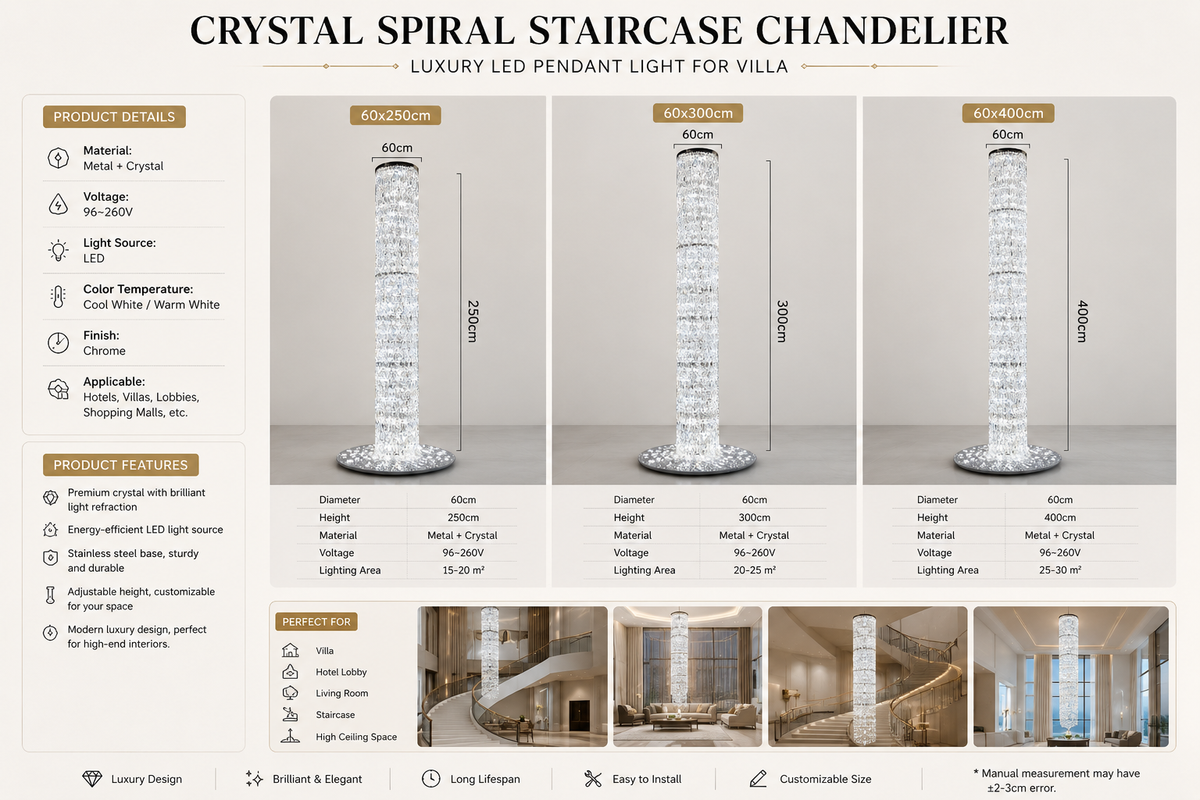 Crystal Spiral Staircase Chandelier – Luxury LED Pendant Light for Villa