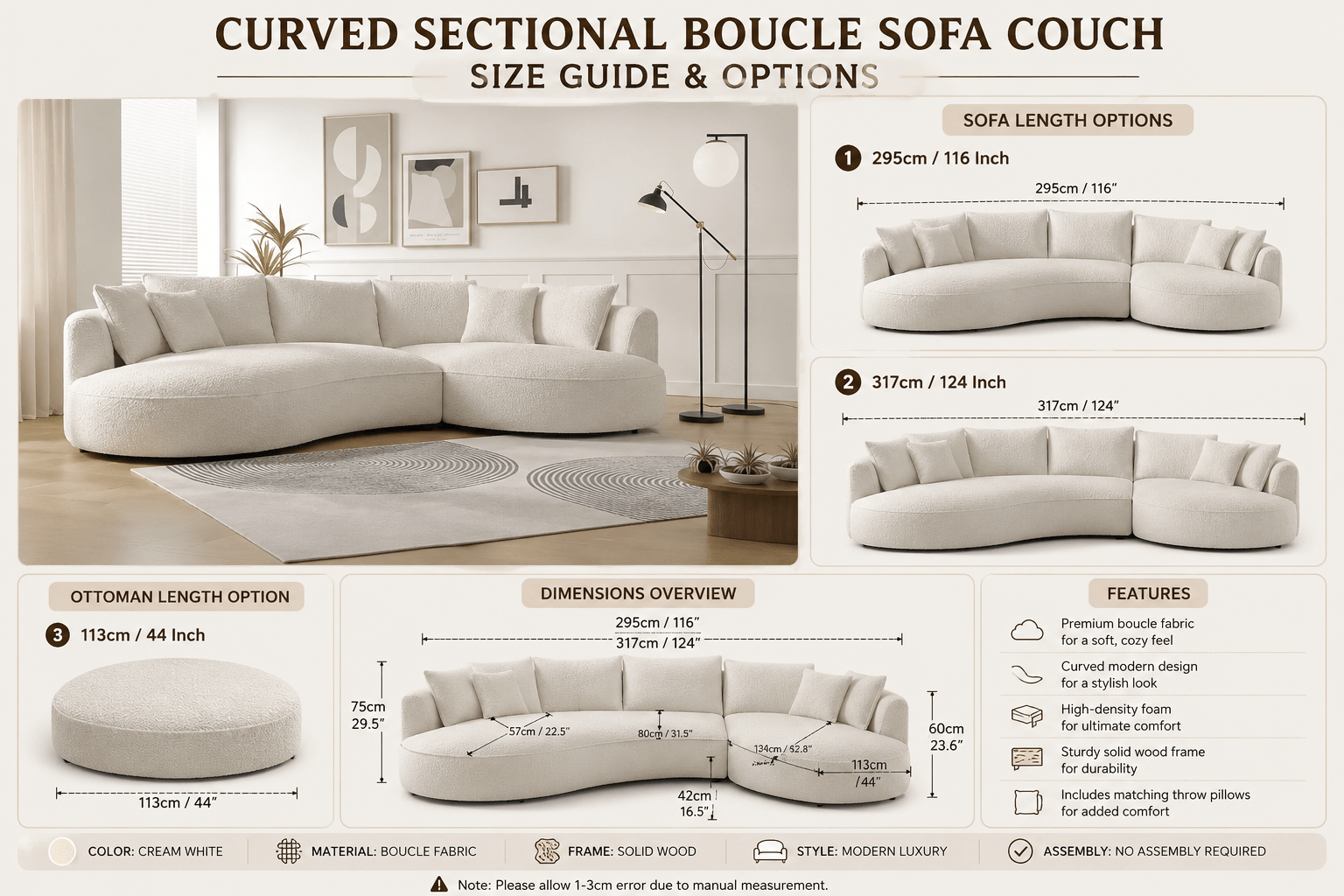 Curved Sectional Boucle Sofa Couch | L-Shaped Boucle Corner Sofa