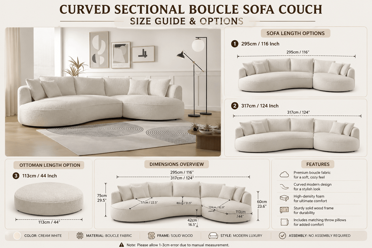 Curved Sectional Boucle Sofa Couch | L-Shaped Boucle Corner Sofa