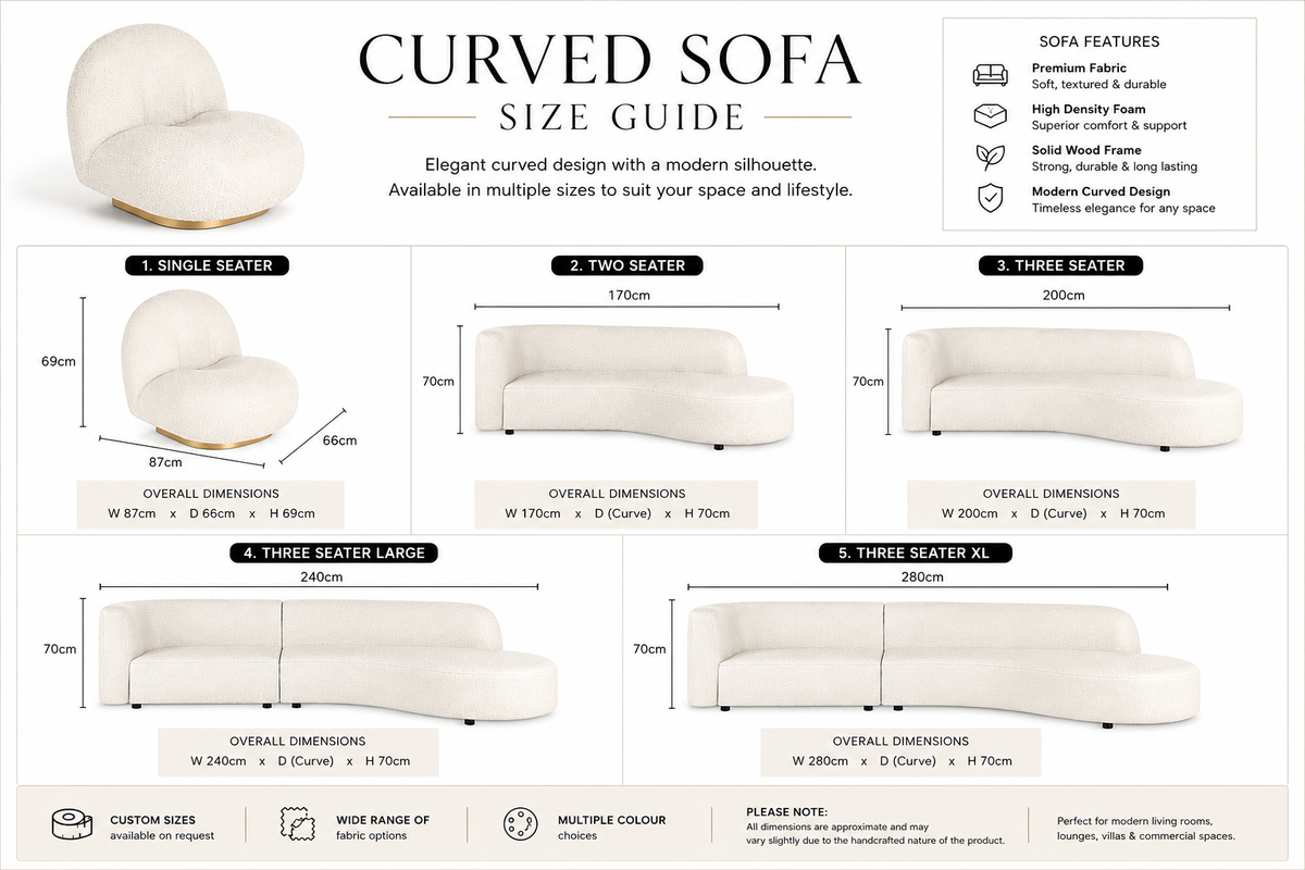Curved Sofa – Elegant Multi-Size, Premium Fabric, Modern Living Room