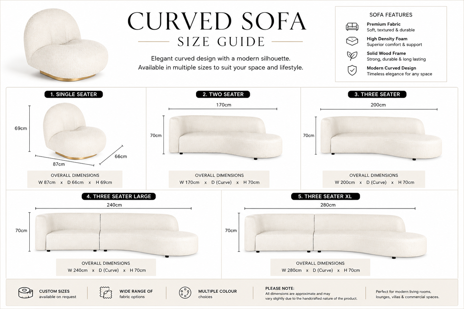 Curved Sofa – Elegant Multi-Size, Premium Fabric, Modern Living Room