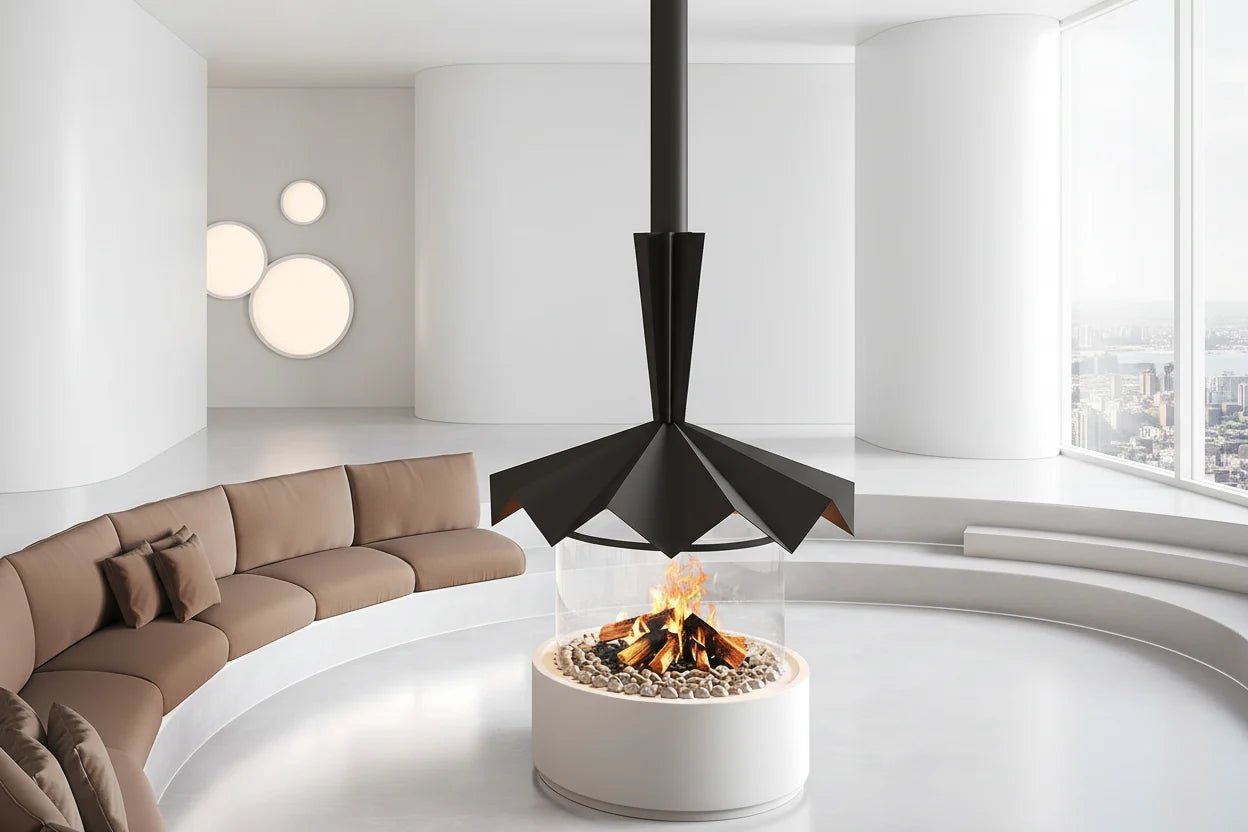 Cylindrical Glass Suspended Fireplace – 360° Real Flame