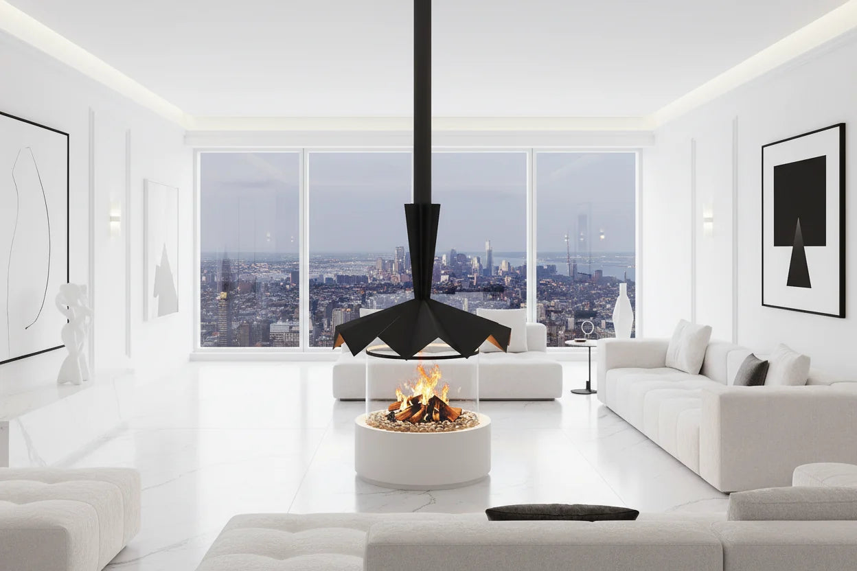 Cylindrical Glass Suspended Fireplace – 360° Real Flame