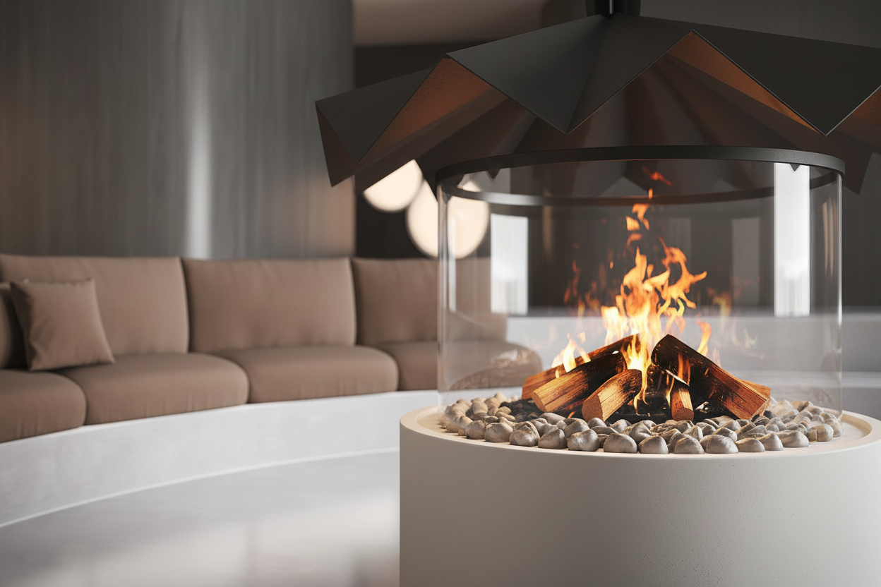 Cylindrical Glass Suspended Fireplace – 360° Real Flame