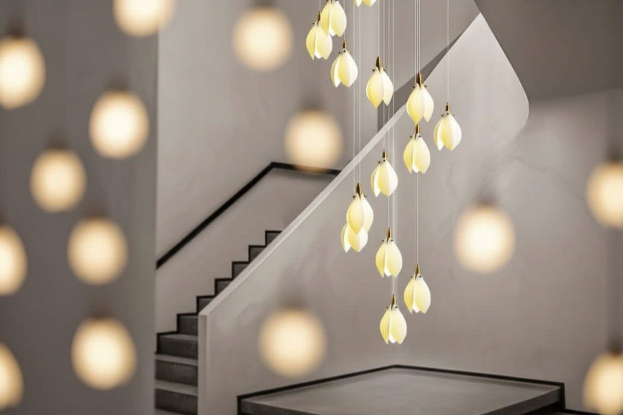 Daffodils Ceramic Staircase Chandelier – Artisan Floral LED Pendant, 7 to 64 Heads
