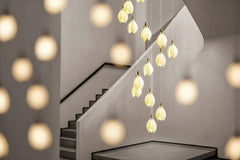 Daffodils Ceramic Staircase Chandelier – Artisan Floral LED Pendant, 7 to 64 Heads