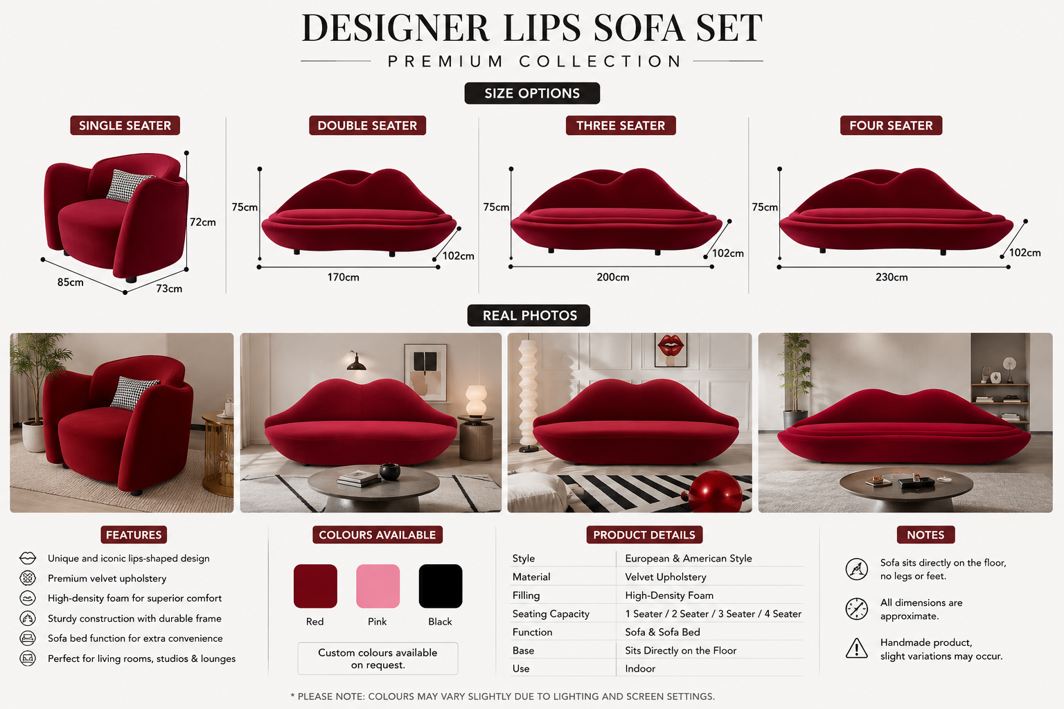 Designer Lips Sofa Set | Luxury Velvet Sofa – Premium Collection