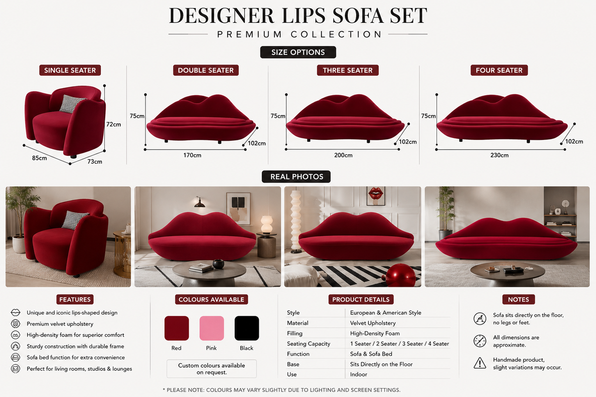 Designer Lips Sofa Set | Luxury Velvet Sofa – Premium Collection