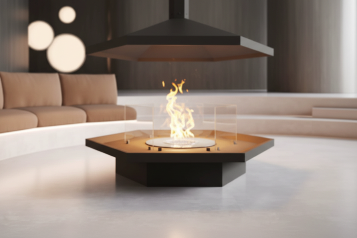 Designer Suspended Hanging Fireplace – Geometric Real Flame Alcohol Fireplace