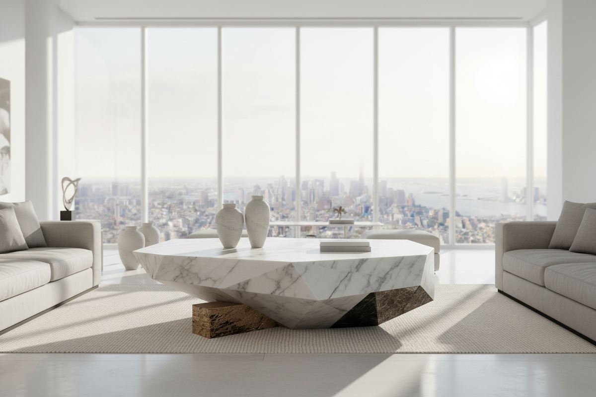 Diamond Marble Coffee Table – Sculptural Freeform Faceted Natural Stone