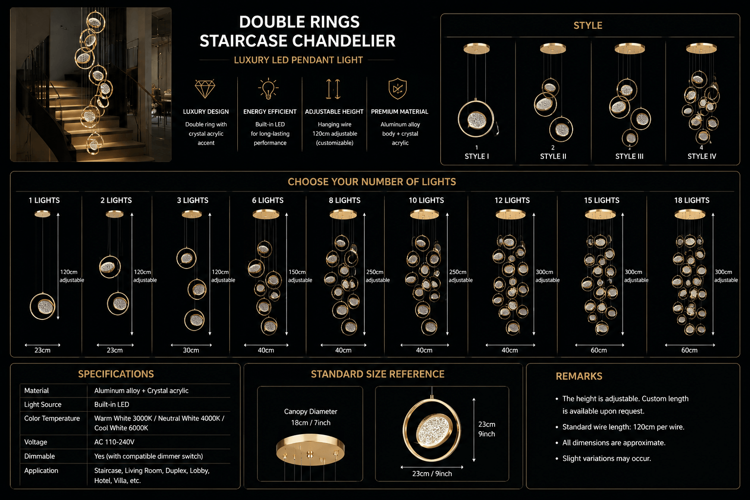 Double Rings Staircase Chandelier – Luxury LED Pendant Light, 1 to 18 Lights