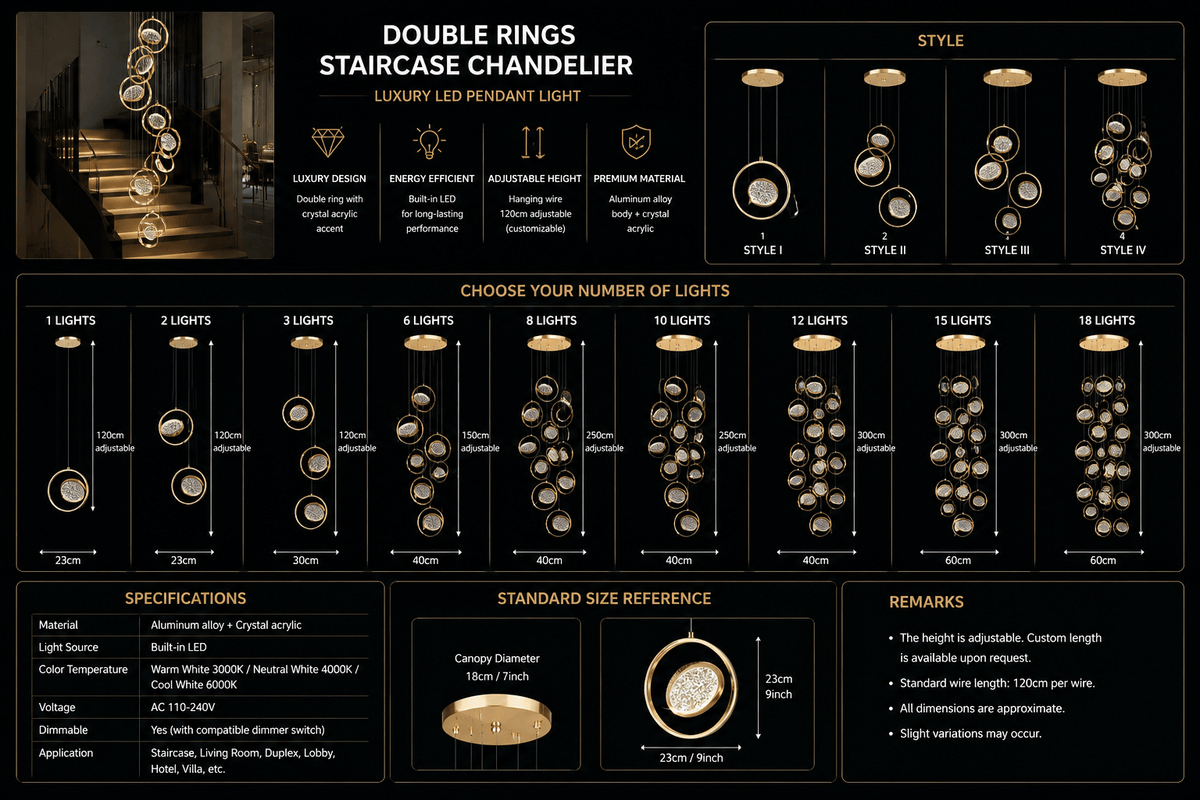 Double Rings Staircase Chandelier – Luxury LED Pendant Light, 1 to 18 Lights