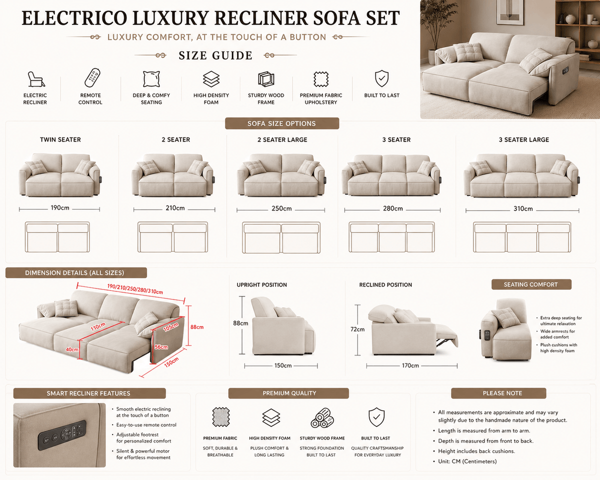 Electrico Luxury Recliner Sofa Set with Remote