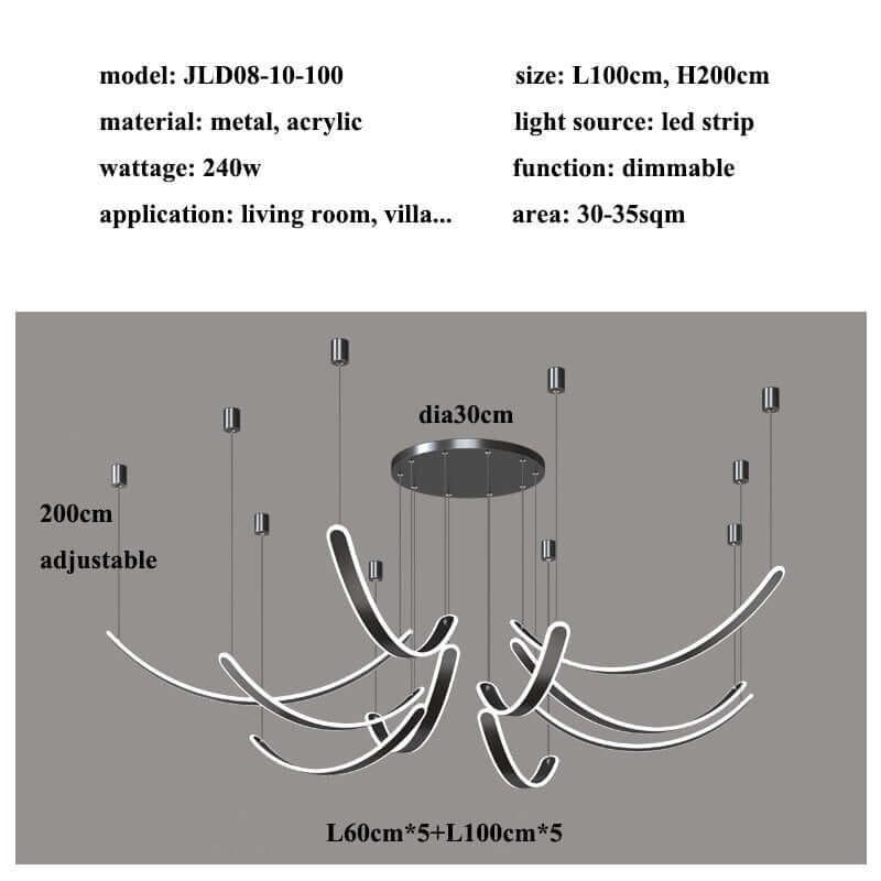 Acrylic Belts Chandelier – Black Dimmable Remote Control LED Light