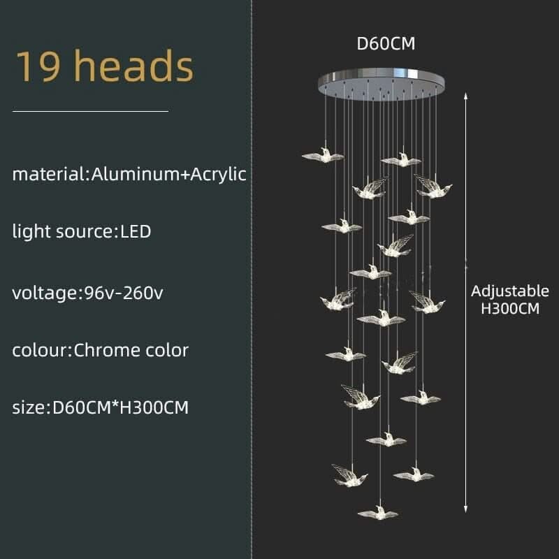 Acrylic Glass Hummingbirds Staircase Chandelier – Artistic LED Pendant, 3 to 30 Heads