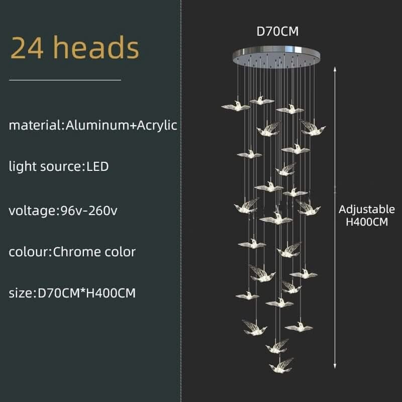 Acrylic Glass Hummingbirds Staircase Chandelier – Artistic LED Pendant, 3 to 30 Heads