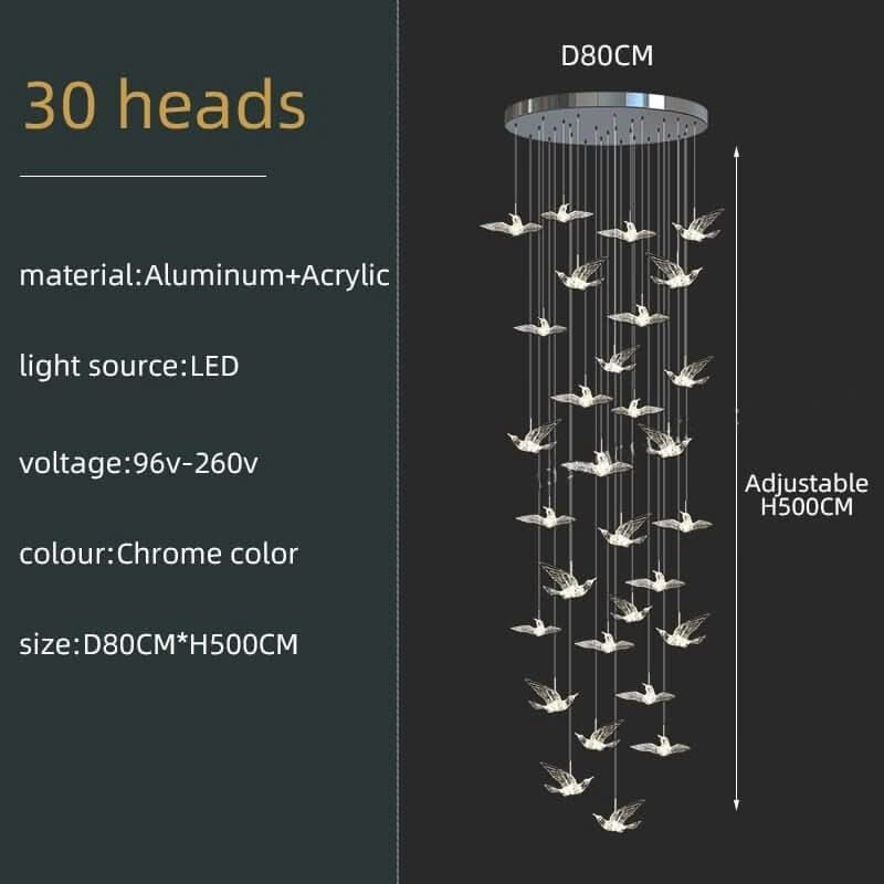 Acrylic Glass Hummingbirds Staircase Chandelier – Artistic LED Pendant, 3 to 30 Heads
