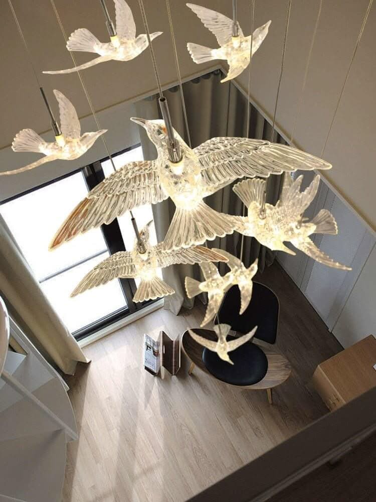 Acrylic Glass Hummingbirds Staircase Chandelier – Artistic LED Pendant, 3 to 30 Heads