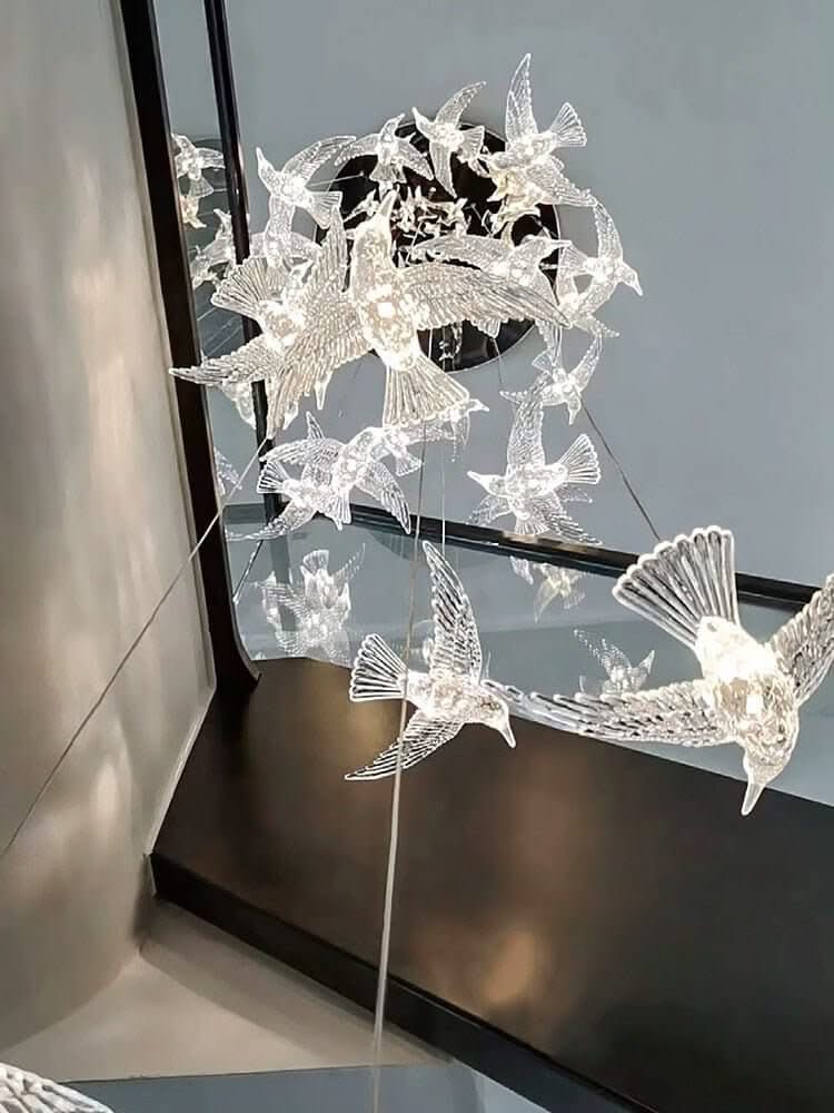 Acrylic Glass Hummingbirds Staircase Chandelier – Artistic LED Pendant, 3 to 30 Heads