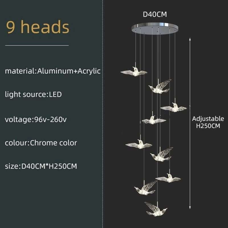 Acrylic Glass Hummingbirds Staircase Chandelier – Artistic LED Pendant, 3 to 30 Heads