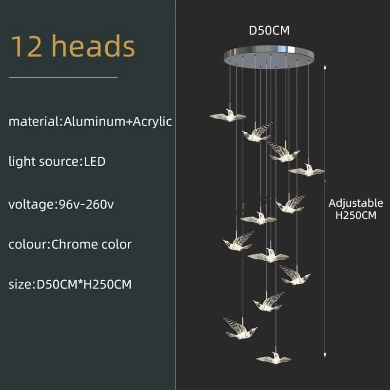 Acrylic Glass Hummingbirds Staircase Chandelier – Artistic LED Pendant, 3 to 30 Heads