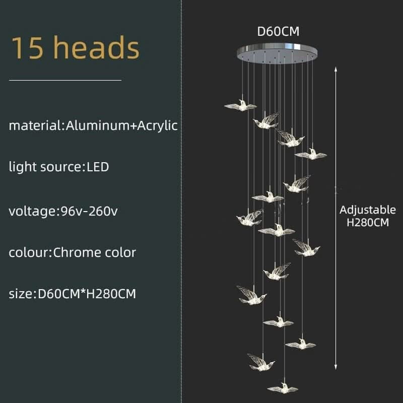Acrylic Glass Hummingbirds Staircase Chandelier – Artistic LED Pendant, 3 to 30 Heads