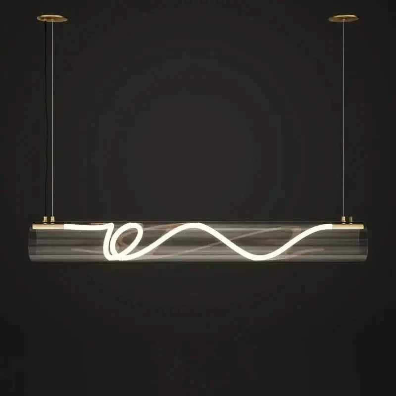Acrylic Long Tube LED Pendant Island Light – Gold, Dimmable, Remote Control, Knob Switch