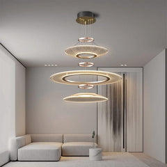 Acrylic Rings Creative Chandelier – Gold Aluminium Trichromatic LED Pendant