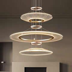 Acrylic Rings Creative Chandelier – Gold Aluminium Trichromatic LED Pendant