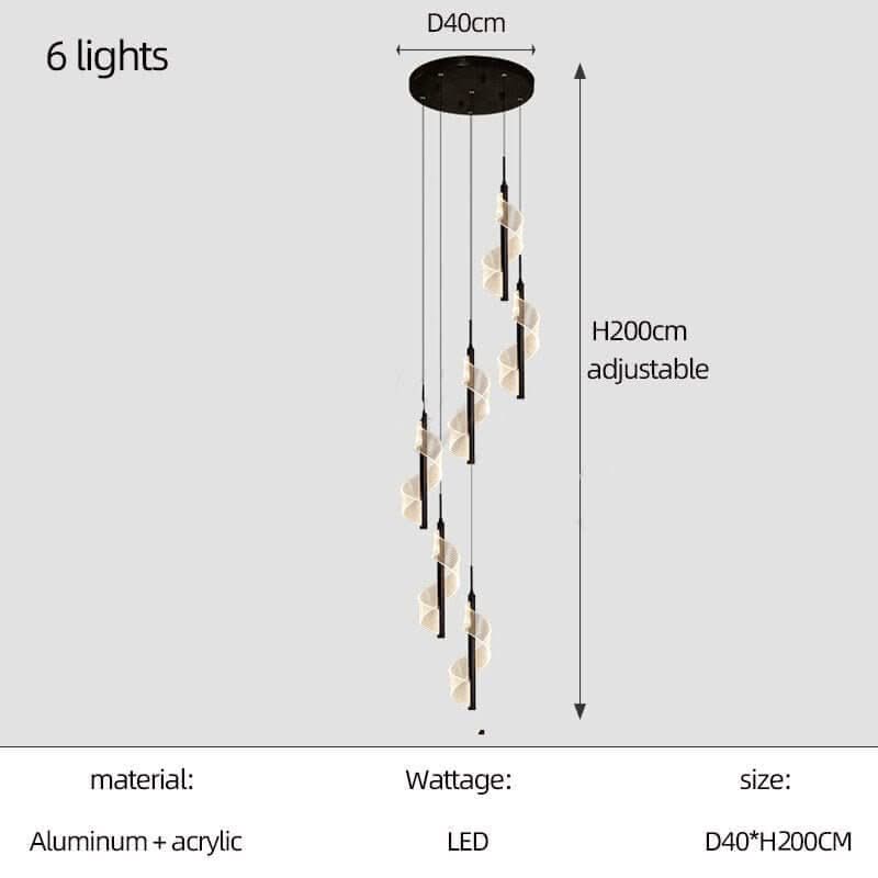 Acrylic Spiral Stairs Chandelier – Black or Gold, 3 to 15 Lights, Warm, Cool & Dimmable