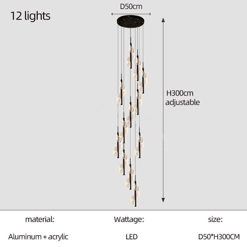 Acrylic Spiral Stairs Chandelier – Black or Gold, 3 to 15 Lights, Warm, Cool & Dimmable