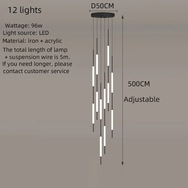 Acrylic Tubes Staircase Chandelier – Gold or Black, 2 to 10 Lights, 3 Colour Modes