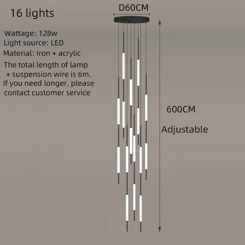 Acrylic Tubes Staircase Chandelier – Gold or Black, 2 to 10 Lights, 3 Colour Modes