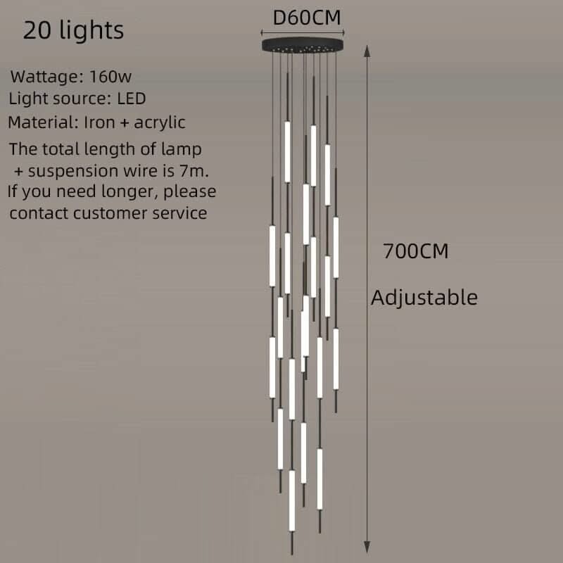 Acrylic Tubes Staircase Chandelier – Gold or Black, 2 to 10 Lights, 3 Colour Modes