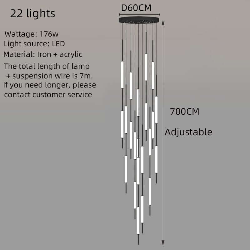 Acrylic Tubes Staircase Chandelier – Gold or Black, 2 to 10 Lights, 3 Colour Modes