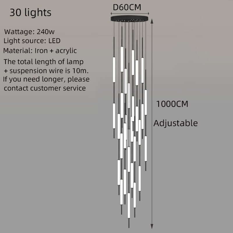 Acrylic Tubes Staircase Chandelier – Gold or Black, 2 to 10 Lights, 3 Colour Modes