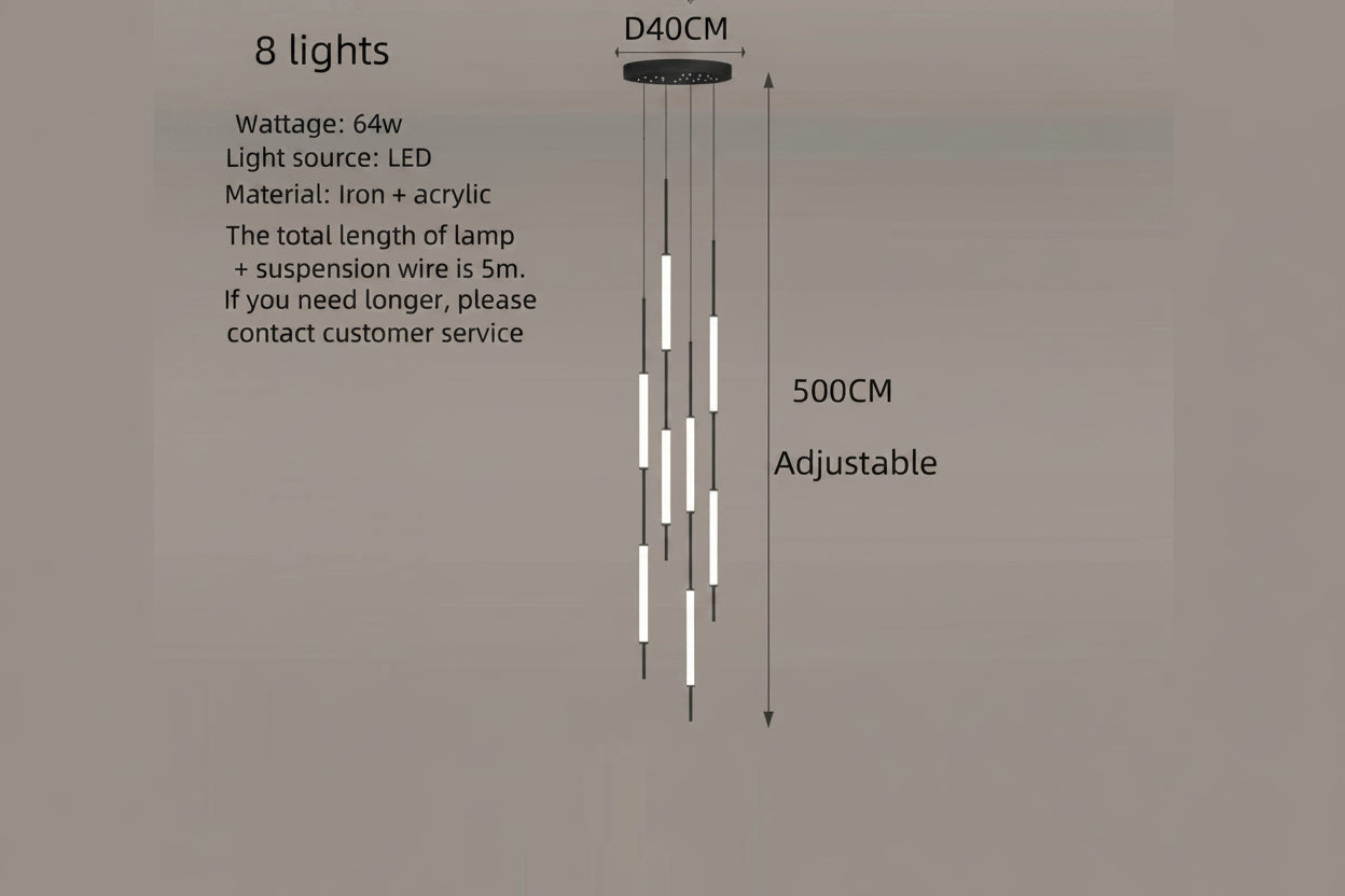 Acrylic Tubes Staircase Chandelier – Gold or Black, 2 to 10 Lights, 3 Colour Modes