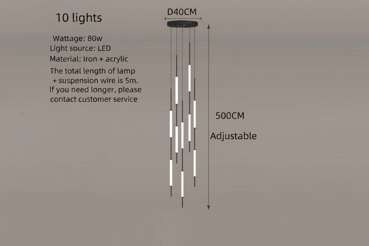 Acrylic Tubes Staircase Chandelier – Gold or Black, 2 to 10 Lights, 3 Colour Modes