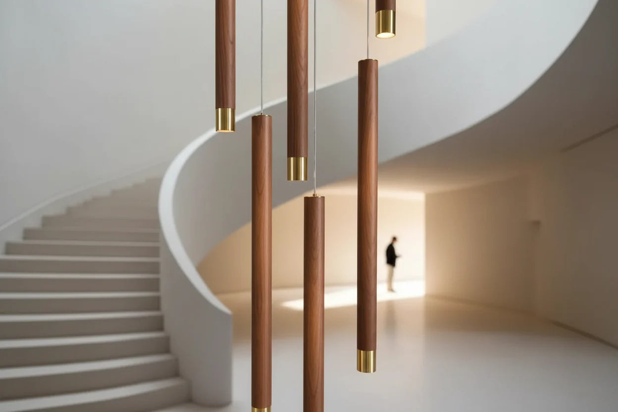 Aluminium Minimalist LED Staircase Chandelier – Coffee Silver or Gold, 1 to 10 Heads, 3 Colour Modes