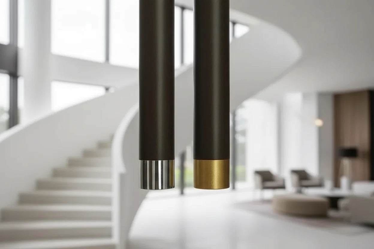 Aluminium Minimalist LED Staircase Chandelier – Coffee Silver or Gold, 1 to 10 Heads, 3 Colour Modes