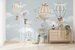 Animals Flying on Air Balloons Nursery Wallpaper