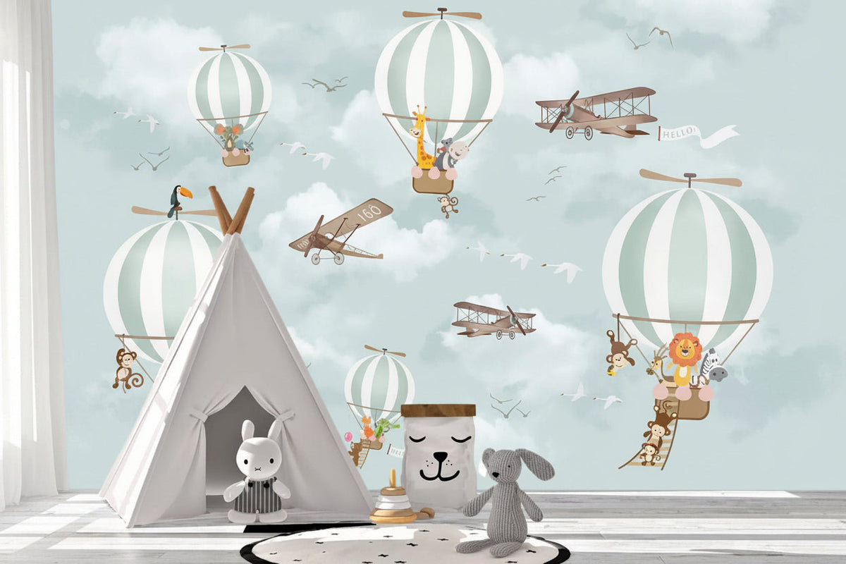 Animals Flying on Air Balloons in Sky Nursery Wallpaper