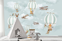Animals Flying on Air Balloons in Sky Nursery Wallpaper
