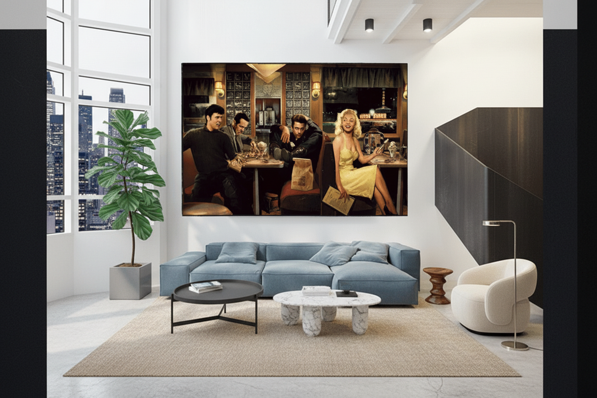 At the Diner: Marilyn, Elvis with James Dean Canvas Art