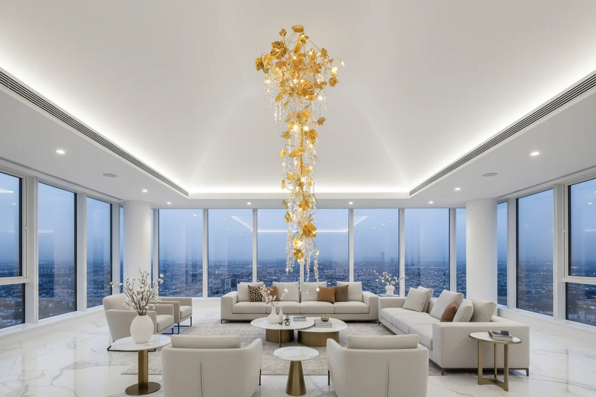 Autumn Leaves Fall Crystal Staircase Chandelier – Plated Crystal LED, Warm, Cool & Tri-Colour