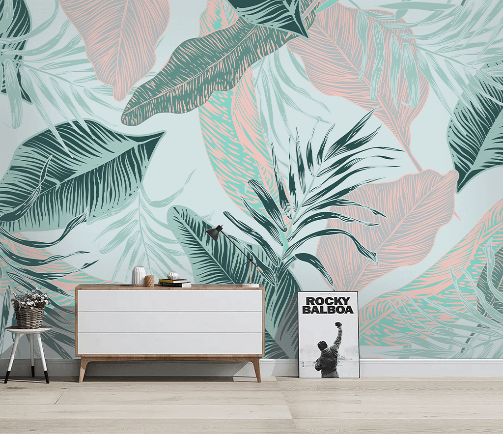 Beige and Green Leaves - Tropical Wallpaper Murals