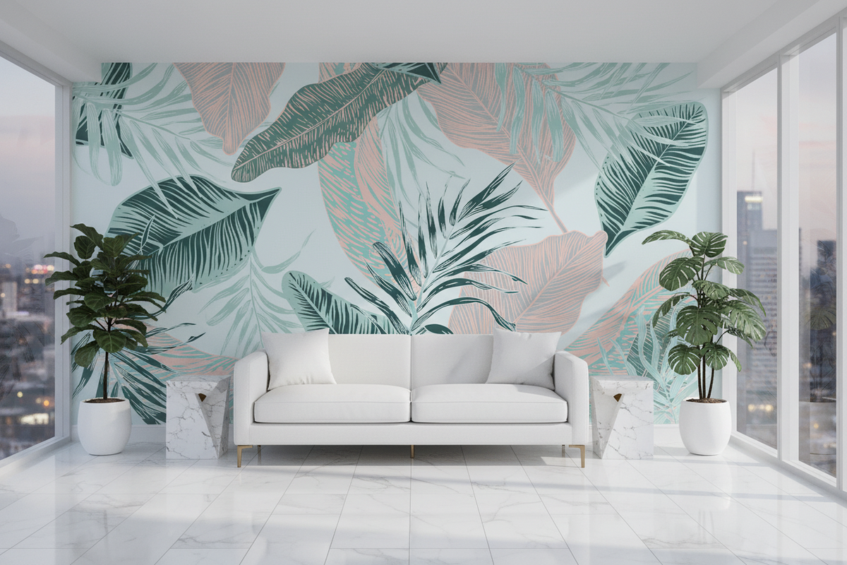Beige and Green Leaves - Tropical Wallpaper Murals